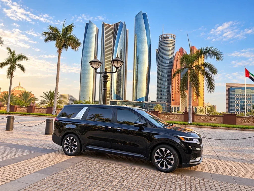 Black Kia Carnival with Abu Dhabi towers